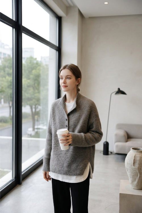 A woman wearing a cozy, textured gray knit cardigan over a white top, holding a takeaway coffee cup in a softly lit indoor setting.