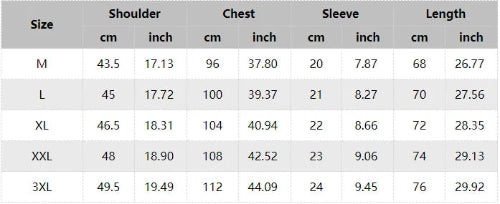 Table displaying clothing size measurements in centimeters and inches.