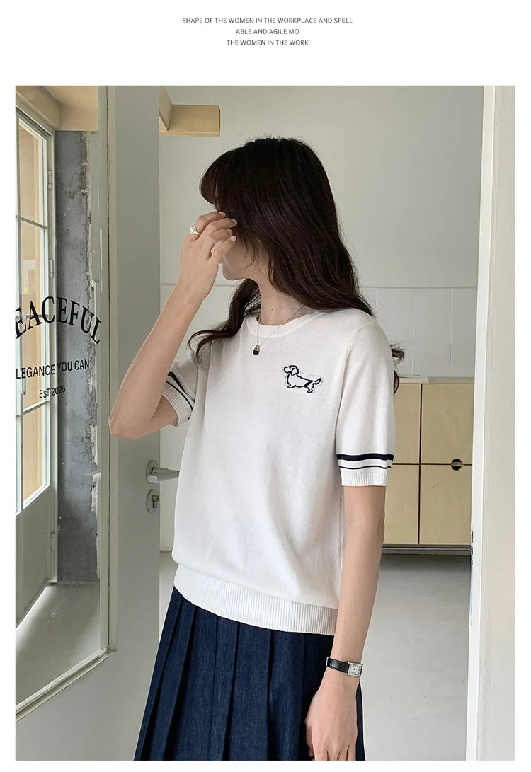 Summer 100% cotton women's T-shirt casual solid color knitted pullover short sleeved loose round neck Tees Pull embroidered Tops