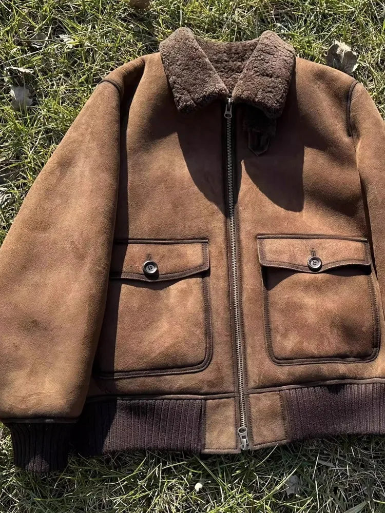Luxury Genuine Leather Suede Men Jacket Wool Lining Coat Retro Winter Warm Sheepskin Jackets Turndown Collar Real Fur Outerwear