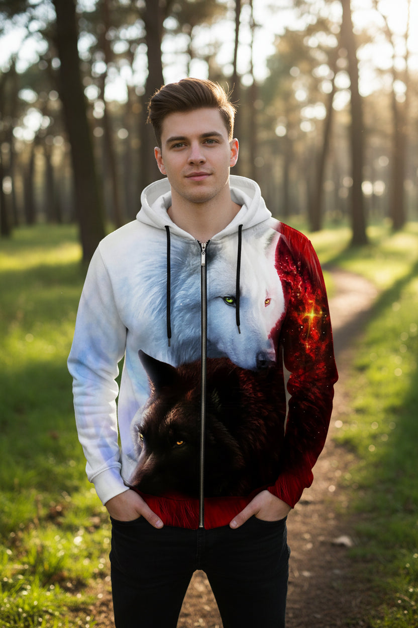 Hoodie with a design of two wolves, one white and one black, on a white background.