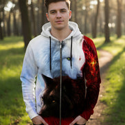Hoodie with a design of two wolves, one white and one black, on a white background.