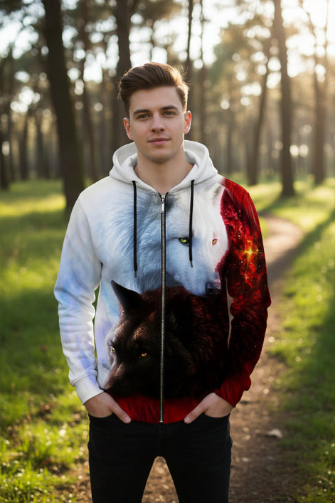 Hoodie with a design of two wolves, one white and one black, on a white background.