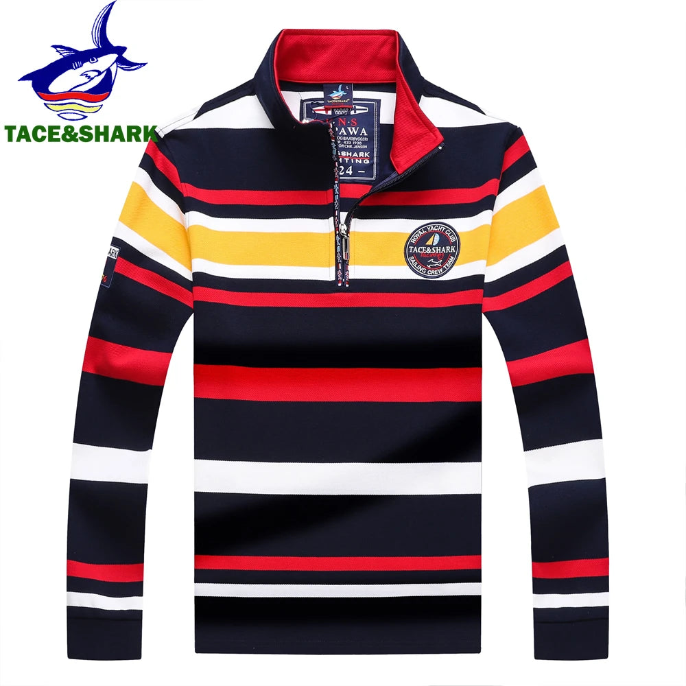 TACE&SHARK Brand Men‘s Casual Long Sleeve Striped Polo Shirt Cotton Blend Knitted Top Fashion Business Embroidery