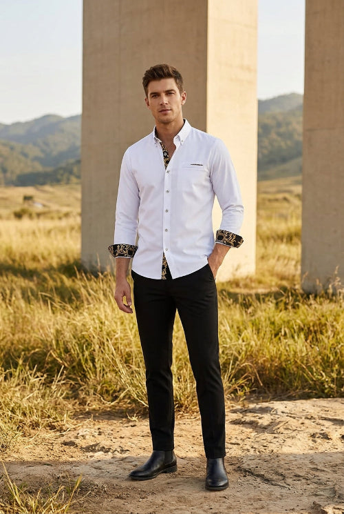 White dress shirt with gold and black patterned collar and cuff on a white background