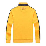 Yellow sweatshirt with black stripes on sleeves and collar, featuring a brand logo on the back, on a white background.
