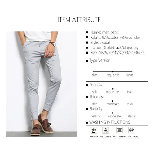 Men's pants with attribute details on a white background