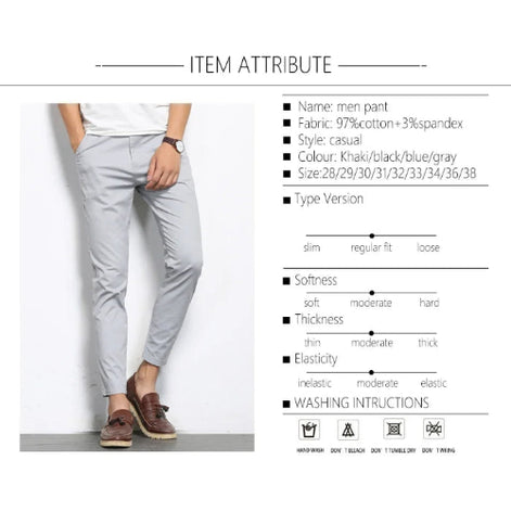 Men's pants with attribute details on a white background