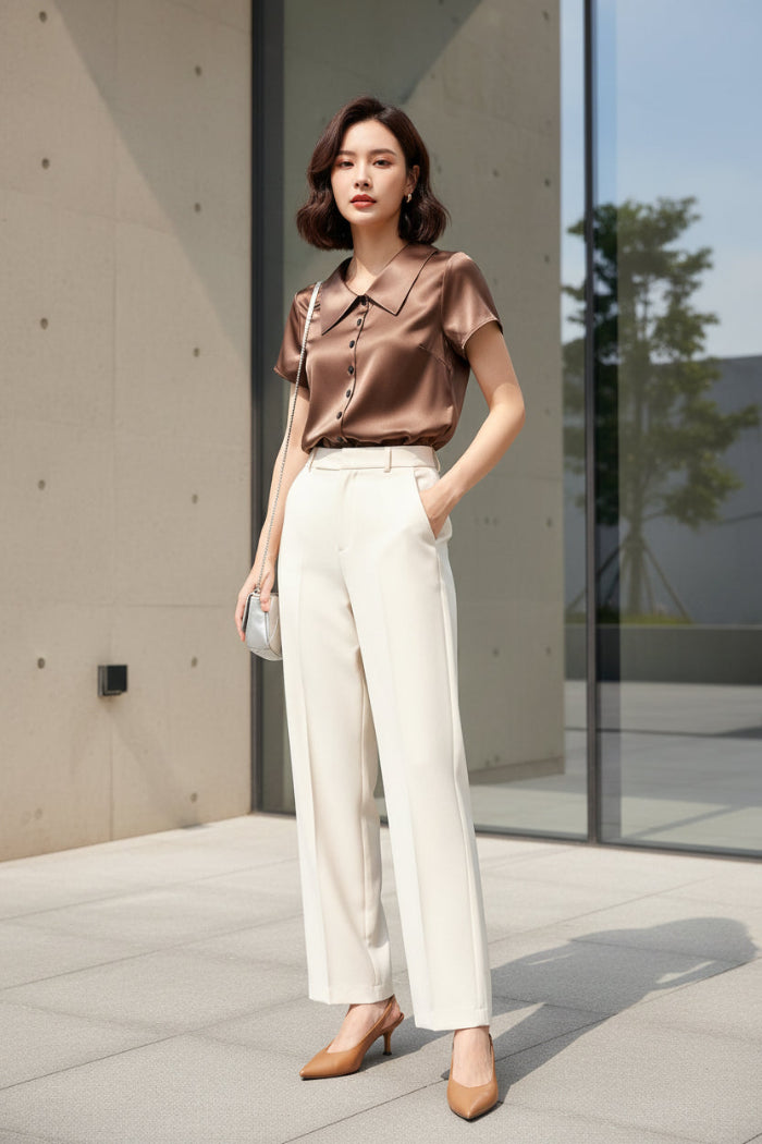 Brown satin blouse on a hanger against a beige background