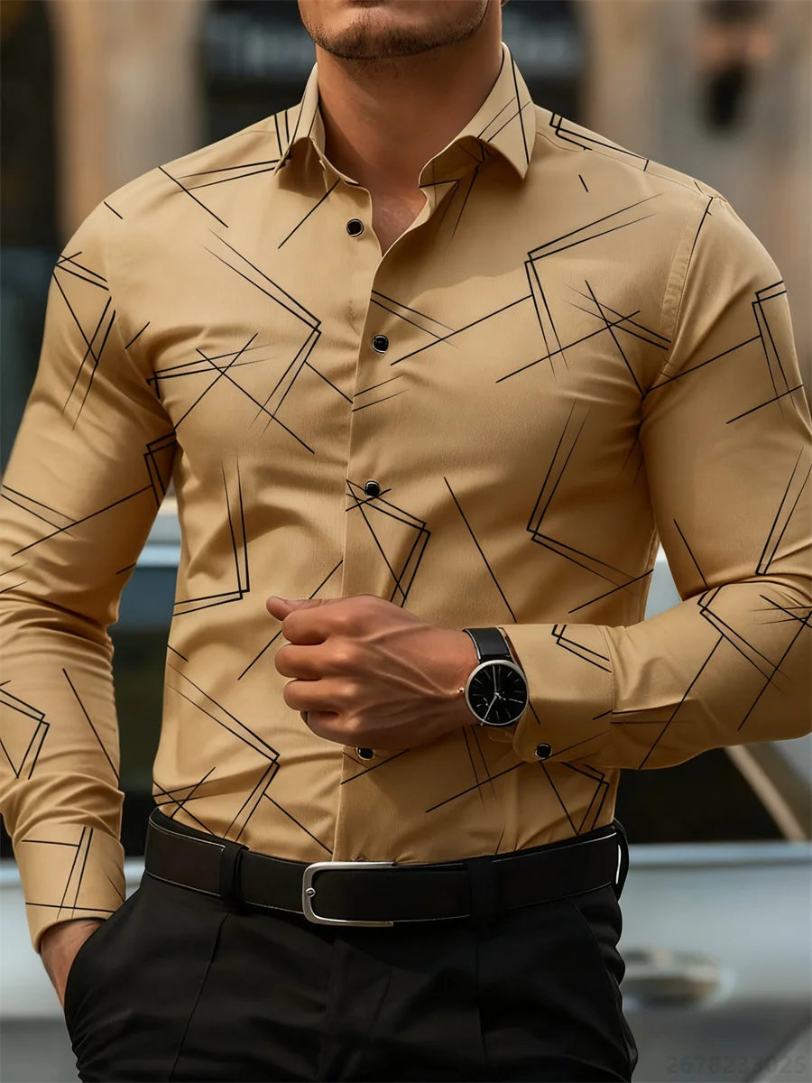 Men's Slim Fit Long-Sleeved Geometric Line Print Shirt - Non-Iron