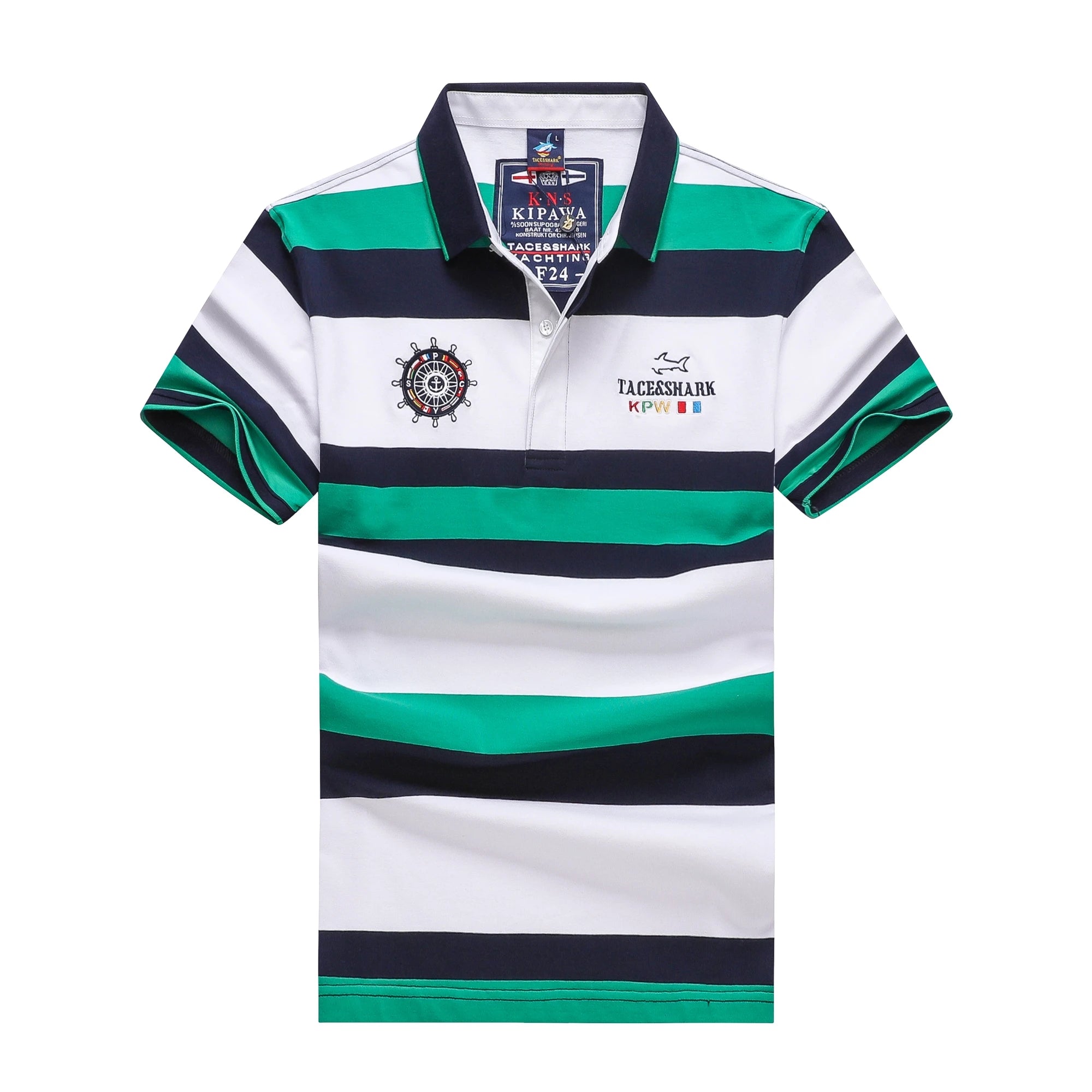 A short-sleeve striped polo shirt with white, green, and navy horizontal bands. It features a navy collar, a green and navy striped sleeve, and printed logos on the chest, including 'TACKSHAWN' and a nautical compass emblem.