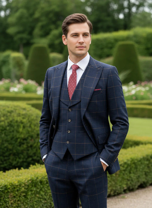 Man wearing a navy checkered suit with a red tie in a garden setting
