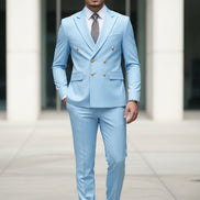 Light blue suit with gold buttons on a white background