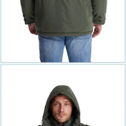 Multiple images of a person wearing a green jacket with a hood.