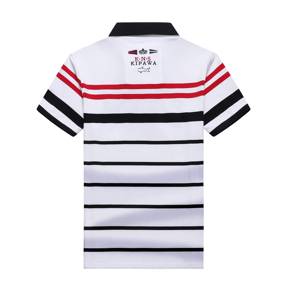 White short-sleeve polo shirt with horizontal black and red stripes, featuring a black collar and 'KIPS KIPAWA' text printed on the upper back.