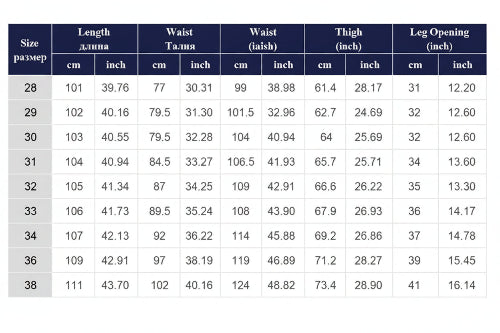 Table displaying size chart for pants with measurements in centimeters and inches.