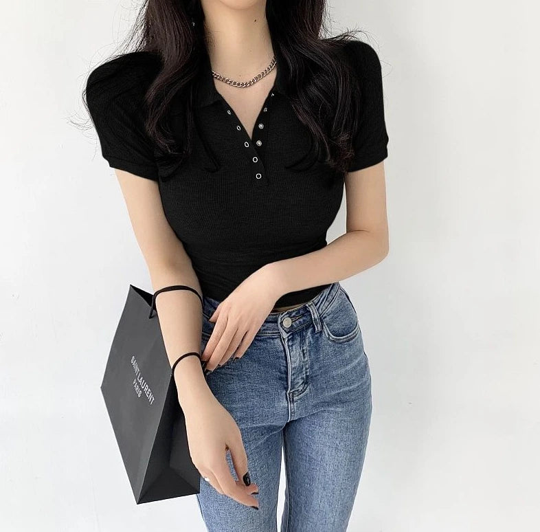 Polo Neck Shirt for Women Sexy Woman T Coquette Clothes Plain 100℅ Cotton Button Slim Korean Style with Collar Pretty Cheap Tops