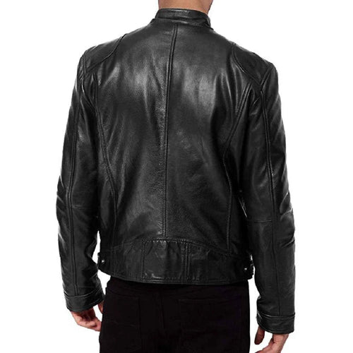 Black leather jacket worn by a person on a white background