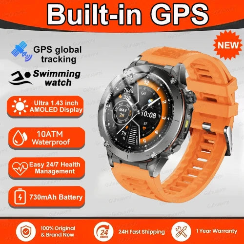 Orange smartwatch with features highlighted on a gray background