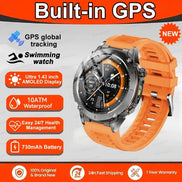 Orange smartwatch with features highlighted on a gray background
