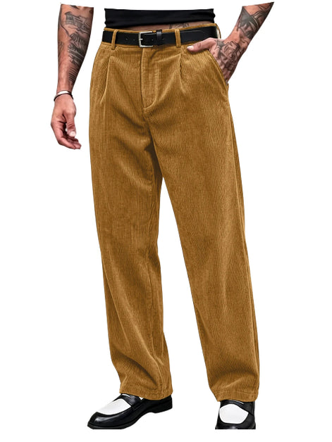 A person wearing wide-leg mustard-brown corduroy pants with a black belt, shown from the waist down against a plain white background.