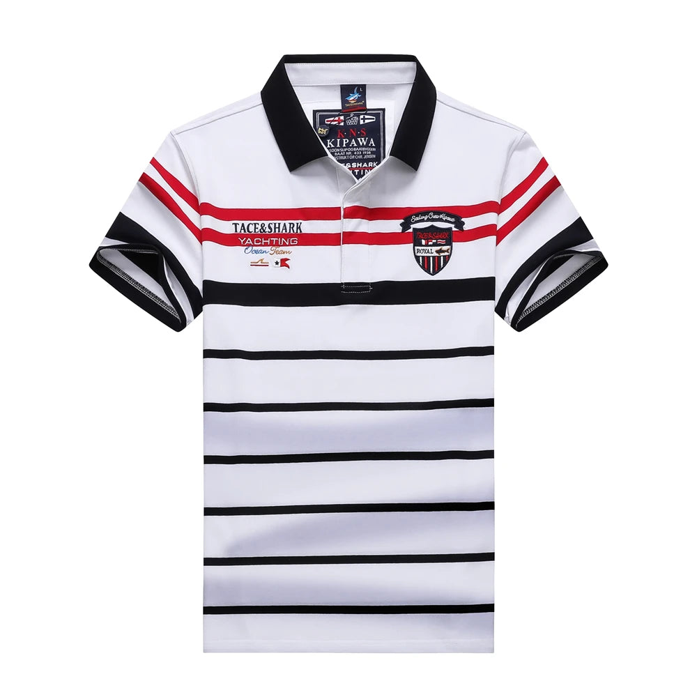 A white short-sleeve polo shirt with horizontal black stripes, red stripes on the upper chest and shoulders, a black collar, and embroidered logos on the chest.