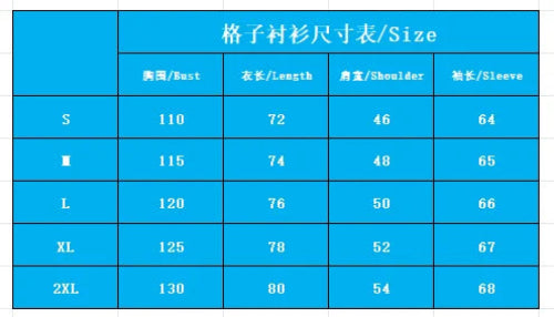 A blue size chart table with Chinese text at the top reading '格子衬衫尺寸表/Size' and columns for Bust, Length, Shoulder, and Sleeve, listing sizes S through 2XL with measurements.