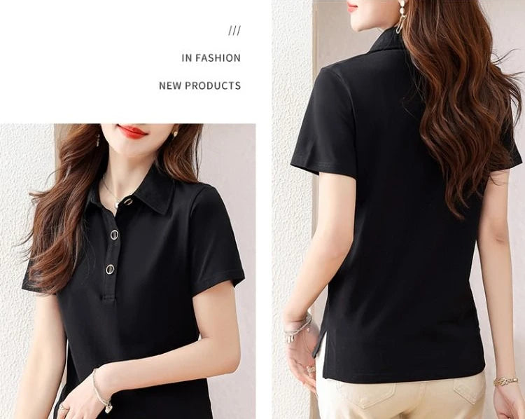 Button T-shirts Summer Outfit Black Women's Polo Short Sleeve Plain in Trend 2025 Korean Popular Clothes Original New Female Tee