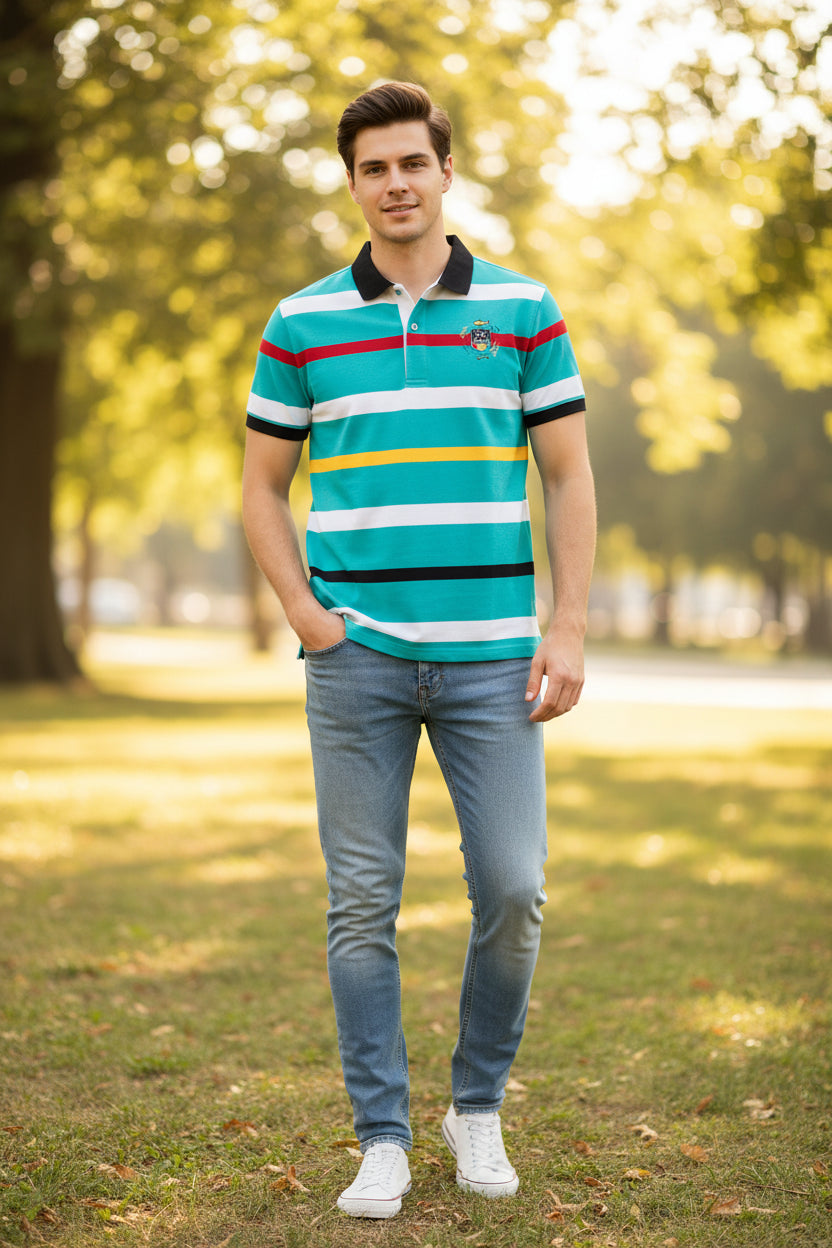 A men's short-sleeve polo shirt with horizontal stripes in turquoise, white, red, yellow, and black. It features a black collar, a small cartoon graphic on the left chest, and a visible 'TACE&SHARK' brand logo overlay in the top-left corner.