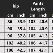 A size chart table showing measurements for pants by size from S to 2XL, with columns for hip, pants length, and waist in centimeters and inches.