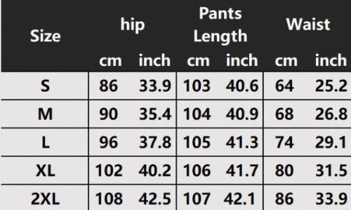 A size chart table showing measurements for pants by size from S to 2XL, with columns for hip, pants length, and waist in centimeters and inches.