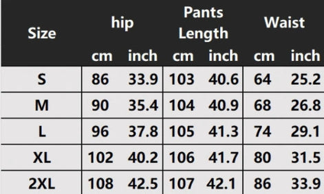 A size chart table showing measurements for pants by size from S to 2XL, with columns for hip, pants length, and waist in centimeters and inches.