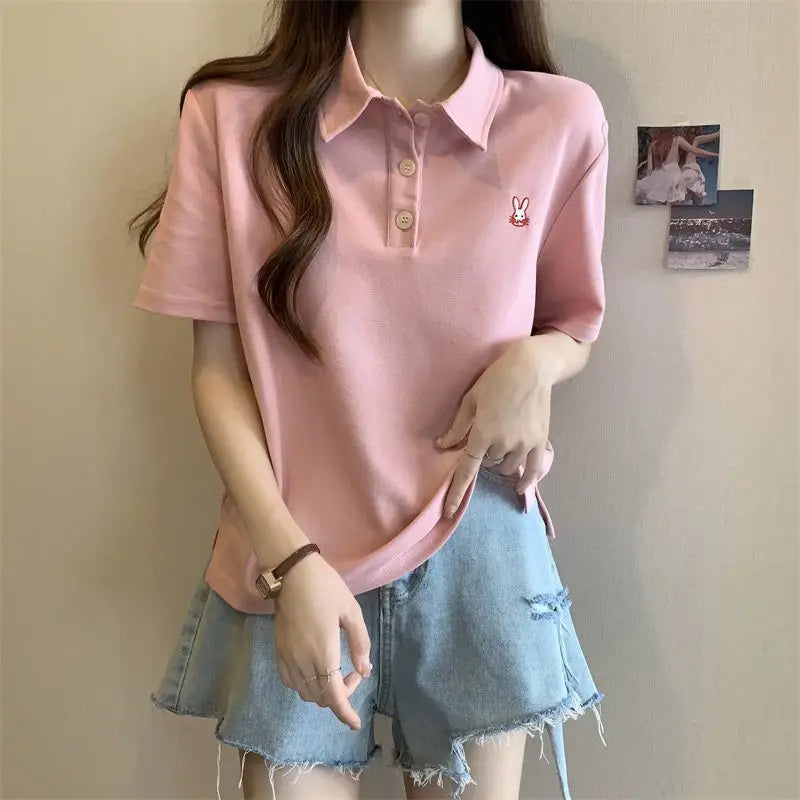 Pink Woman 100℅ Cotton Tshirt Embroidery Polo Neck T Shirt for Women Korean Clothing Y2k Fashion High Quality Youthful Elegant