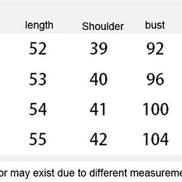 A size measurement chart with columns for size, length, shoulder, bust, and sleeve. The chart lists S, M, L, and XL sizes