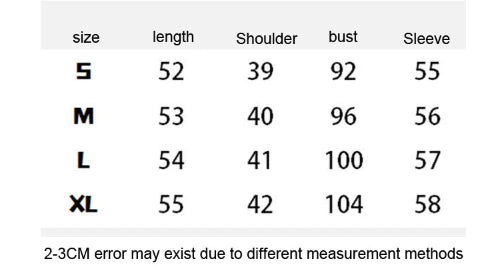 A size measurement chart with columns for size, length, shoulder, bust, and sleeve. The chart lists S, M, L, and XL sizes