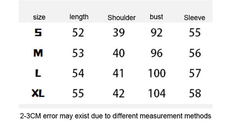 A size measurement chart with columns for size, length, shoulder, bust, and sleeve. The chart lists S, M, L, and XL sizes
