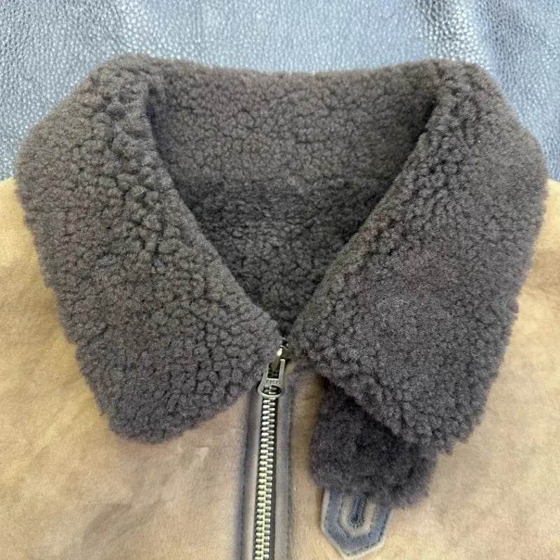 Luxury Genuine Leather Suede Men Jacket Wool Lining Coat Retro Winter Warm Sheepskin Jackets Turndown Collar Real Fur Outerwear