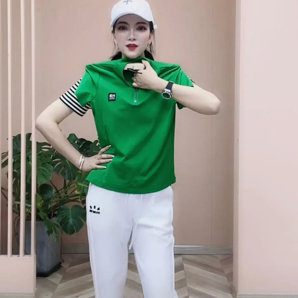 T-shirt Woman Short Sleeve Tee Clothing Green Polo Neck Shirts for Women Tops White Korean Style Polyester Luxury High Quality V