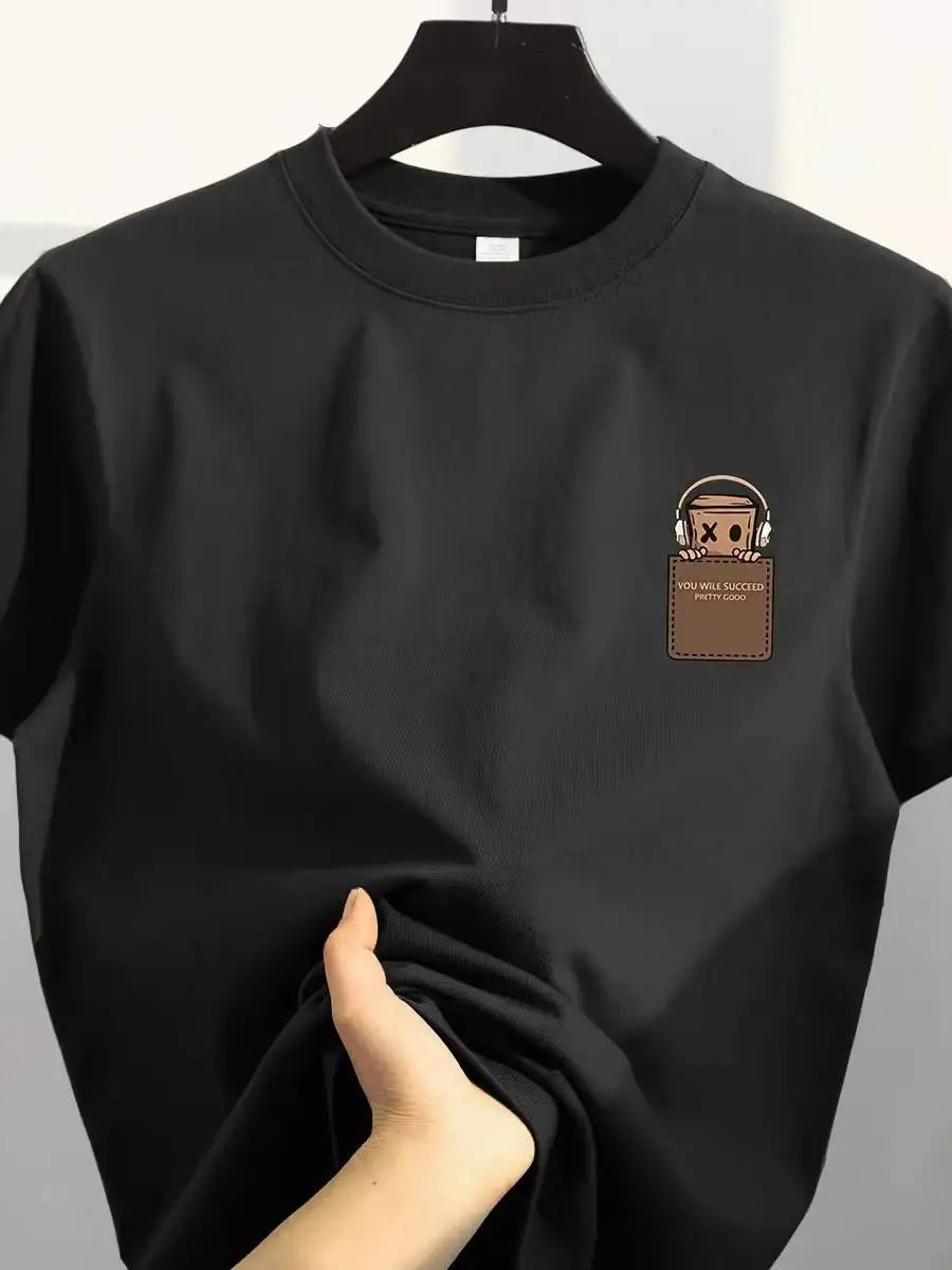 Retro Loose Fit Pure Cotton ort Sve T-irt ex Casual Top Korean Sle Printed Cotton Tee Men's Cut Label
