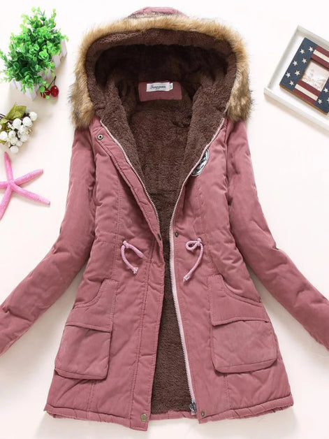 Pink winter coat with fur-lined hood on a white background