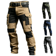 Khaki and black color-block cargo pants with flap thigh pockets and a black belt, alongside smaller views of green, navy blue, and gray options with black panels against a white background.