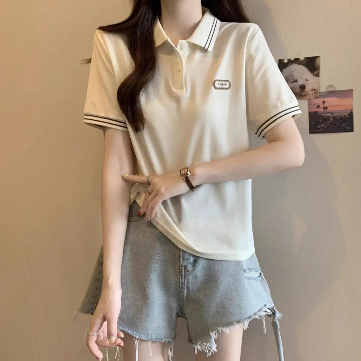Baggy Female Tee Women's Polo Short Sleeve T-shirt Korean Clothing Youthful Elegant in Trend 2025 Sales Youth Aesthetic T-shirts