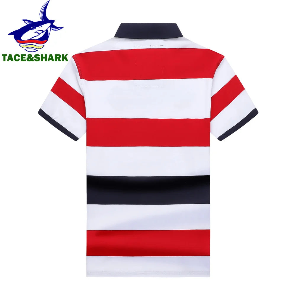 Red, white, and black striped shirt with Tace&Shark logo on a white background