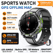 A rugged sports watch with a black and gray strap, black face, and green accents, shown on a white background with promotional text and feature icons. The text highlights 1200mAh battery, GPS 