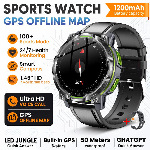 A rugged sports watch with a black and gray strap, black face, and green accents, shown on a white background with promotional text and feature icons. The text highlights 1200mAh battery, GPS 