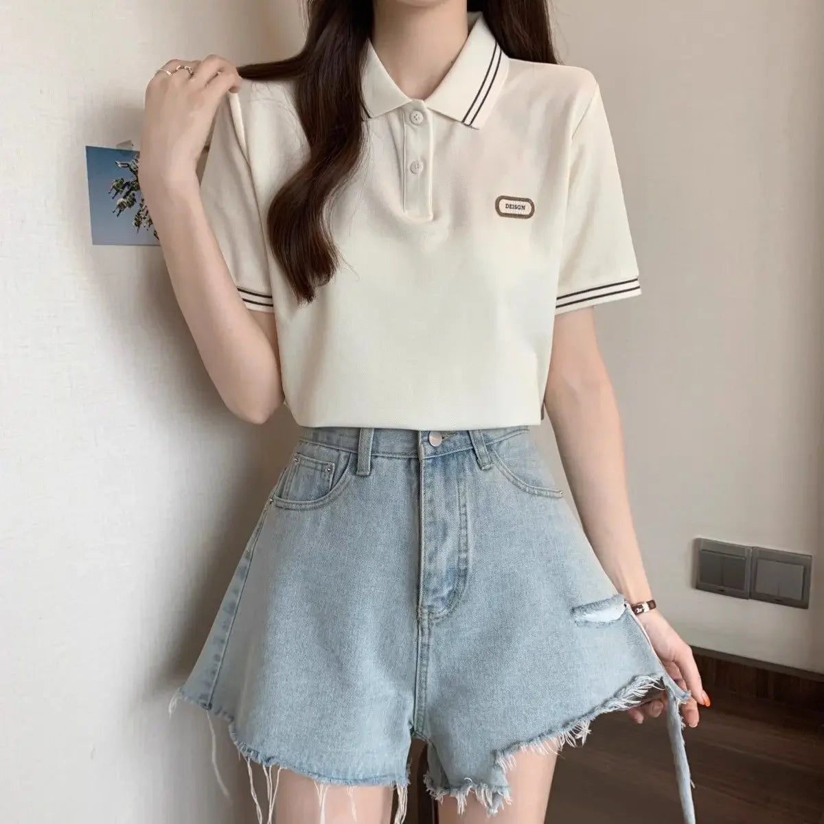 Baggy Female Tee Women's Polo Short Sleeve T-shirt Korean Clothing Youthful Elegant in Trend 2025 Sales Youth Aesthetic T-shirts