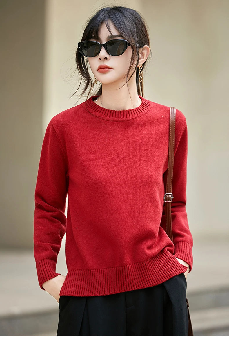 Women's autumn and winter 100% pure cotton knitted round neck soft pullover casual solid color warm sweater fashionable hot sell