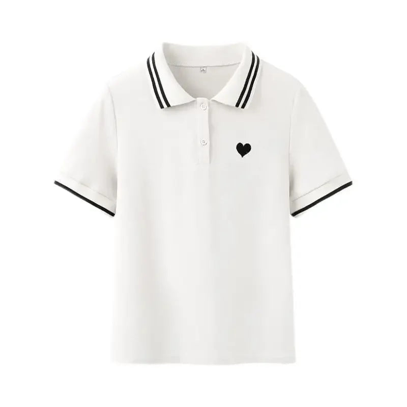 Polo Neck Shirt for Women Button 100℅ Cotton White Embroidery Baggy Woman T Pulovers High Quality Korean Popular Clothes Youth