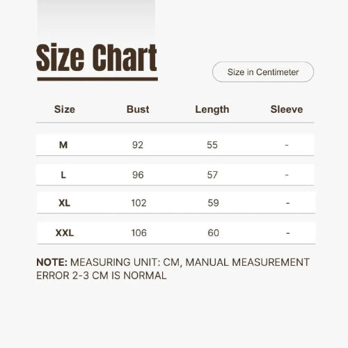Size chart for clothing with measurements in centimeters