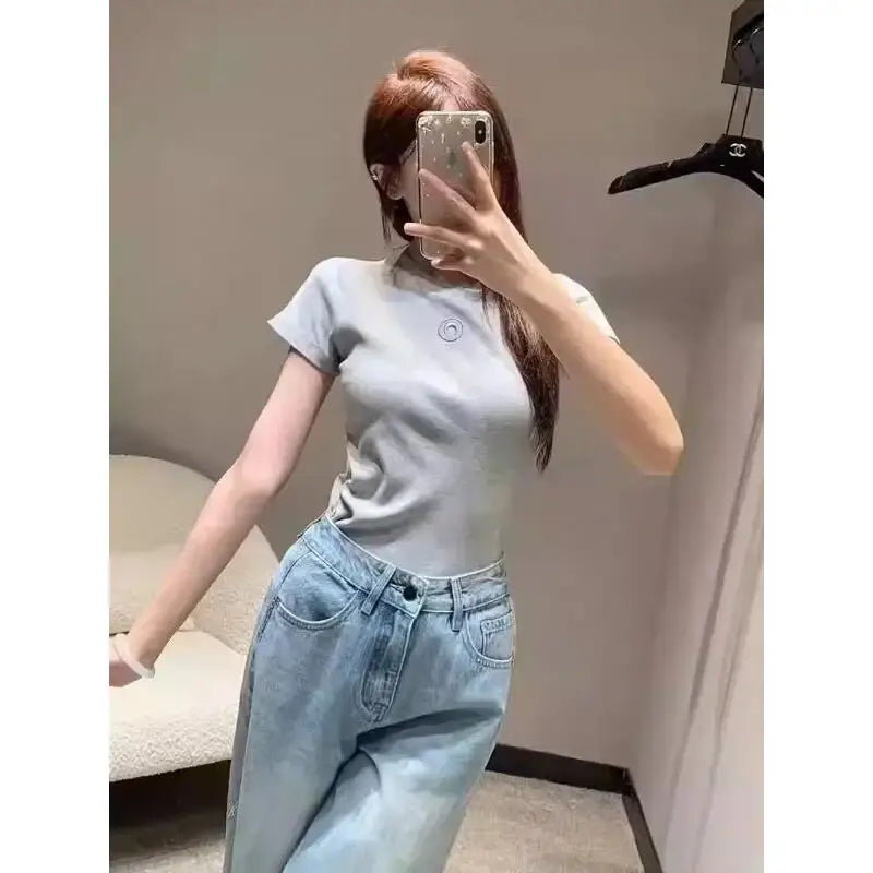 Retro Women's T-Shirt Summer Casual Slim Fit Short Sleeve Round Neck Solid Color Top Innerwear with Embroidered Moon Design